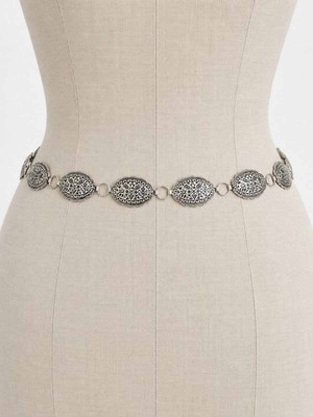 Vintage Silver Tone Oval Concho Belt Western Etched Tribal Boho 39" Statement